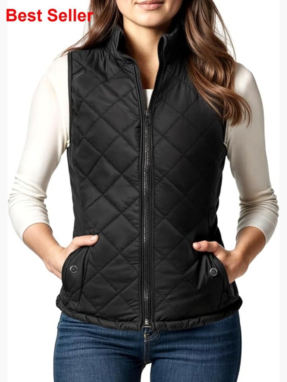 Lightweight Quilted Puffer Vest with Stand Collar and Zip Pockets